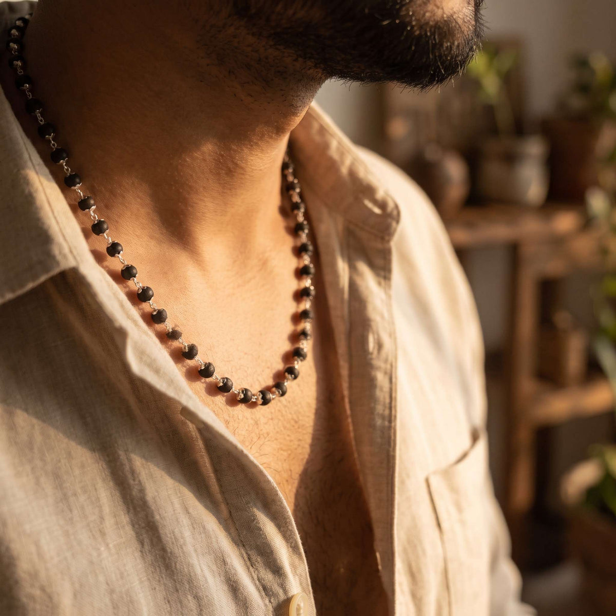 Silver Plated Pure Karungali Kavach Mala - Pure Ebony Wood